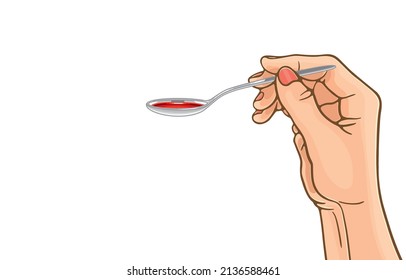 Vector illustration of woman's hand holding metal spoon with red medicine syrup,cough syrup,red liquid vitamins,isolated on white,Take care of patient,taking medicine,liquid medication,health care.