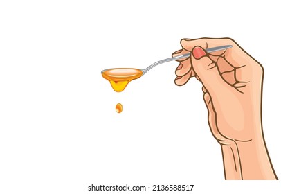 Vector illustration of woman's hand holding metal spoon with honey dripping,sweet honey falling,pouring from spoon,spoonful of honey is spilled,isolated isolated on white,Health benefits of food.