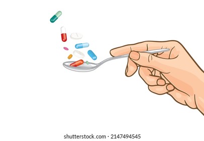 Ilustración vectorial de la mano de la mujer sosteniendo una cuchara tirando o tirando varias píldoras coloridas al aire, tirando píldoras, aisladas en blanco. Todas las drogas son peligrosas. Tenga cuidado con la auto-medicación.