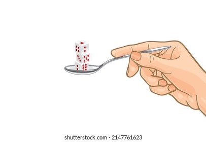 Vector illustration of woman's hand holding a spoon with group of stacked dices,three dice in stacked,gambling and entertainment,isolated on white background,Cheerful,funny game of luck.