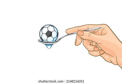 Vector Illustration Of Woman's Hand Holding Spoon With Soccer Ball,ball In Spoon With Clear Water Droplets,eat Meatballs,festival,season,isolated On White,Delicious With Balls,Funny With World Sports.