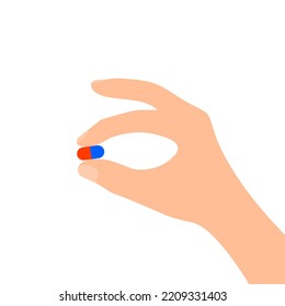 Vector illustration of a woman's hand holding red and blue medicinal pills. Finger icon taking medicine. Great for medical care logos. Health. Medical drugs. Pharmacist. Tablet medicine. Flat vector. 