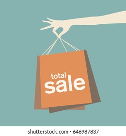 Vector illustration of woman's hand holding shopping bags.