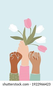 Vector illustration woman's hand holds a flowers tulips,fist  in the air.Postcard Happy Women's Day.