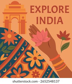 Ilustração vetorial da mão de uma mulher com joias, flores e um padrão indiano brilhante. A ilustração destaca a riqueza do artesanato indiano, estilo e estética tradicional