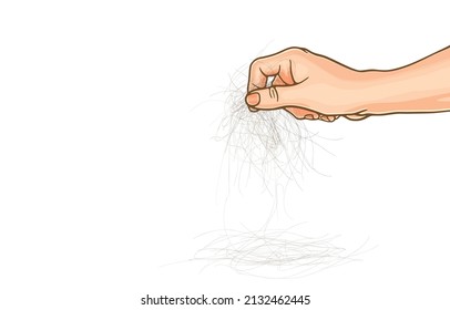 Vector illustration of woman's hand is picking up a bunch of hair in a clump,hair loss problem,copy space,isolated on white background,hair fallen,wad of human hair,Healthy hair beauty concept.