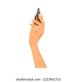 Vector illustration of Woman's hands with different cosmetic products in bottles