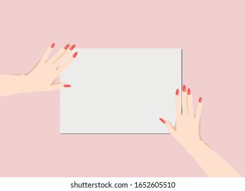 Imagen vectorial de las manos de una mujer con manicura roja sosteniendo una hoja de papel blanco sobre un fondo rosa polvoriento