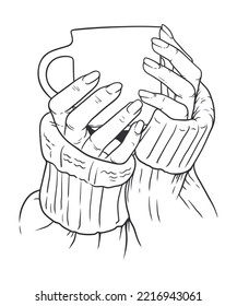 Vector illustration of woman's hands in sweater holding cup of coffee