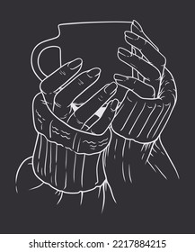 Vector illustration of woman's hands in sweater holding cup of coffee, isolated on black background