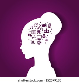 Vector illustration of Woman's head with education icons