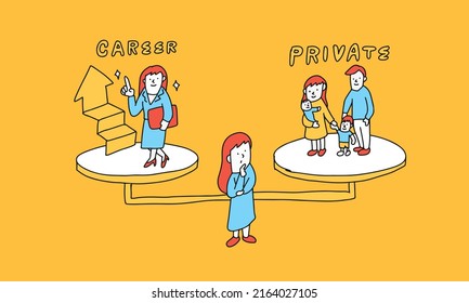 Vector Illustration of woman's life concept.
Young woman choosing between career and family. 
