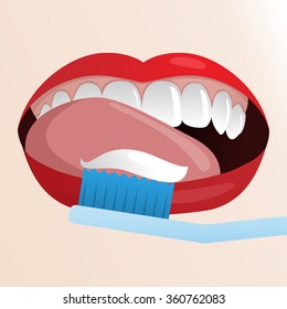 Vector illustration with woman's mouth with red lips licking her clean teeth and toothbrush with paste.