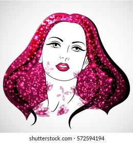 Vector illustration of woman's silhouette with flowers, blossom and shine for your design. Love and Passion