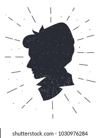 Vector illustration of woman's silhouette in profile. Woman's face black and white sign with grange texture