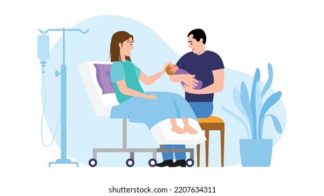 Vector illustration of women after childbirth. Cartoon scene with a joyful mother who gave birth to child and father who holds him on white background.