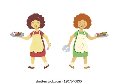 Vector illustration. Women in an apron holding a plate of cake, pie. Waitresses in the cafe carry the order. A girl and an elderly woman set the table.