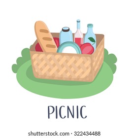 Vector illustration of women basket with grocery and plates for picnic on green grass and hand writing word Picnic 