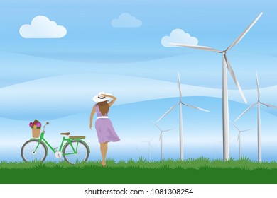 Vector illustration of women and bicycle enjoy fresh air in nature in the green field of Wind Turbines. The conceptual design of Save the Earth, Ecology, Renewable, Alternative, Green, Clean Energy