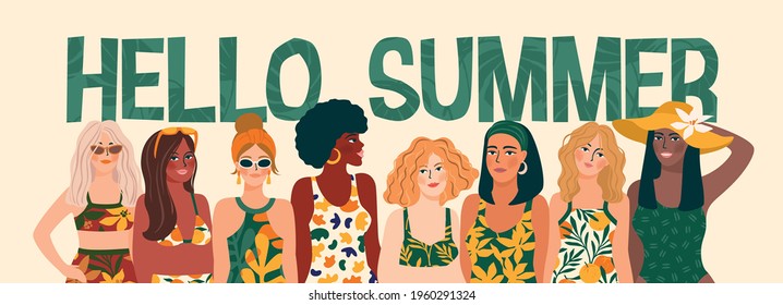 Ilustración vectorial de las mujeres con traje de baño brillante. Niñas jóvenes con diferentes colores de piel. Diseño para estilos de vida de verano y otros usos.