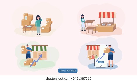 Vector illustration. Women are calling, men are carrying boxes, women are selling, cellphone screens and shopping online. Small business concepts