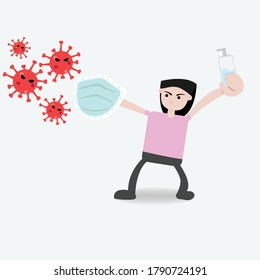 Vector illustration of women carrying a disinfectant and face mask fighting a virus. throwing disinfectant at corona virus, the concept of prevention from corona virus outbreaks