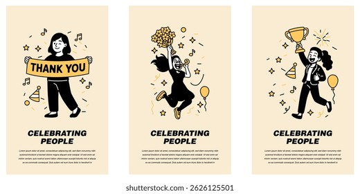 Vector illustration of women celebrating with a thank-you banner, joyful flowers, and a trophy award
