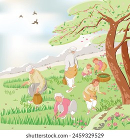 Vector Illustration of Women and Children Harvesting Korean Edible Wild Plants on a Warm Spring Day, Reflecting Korean Sentimentality				
