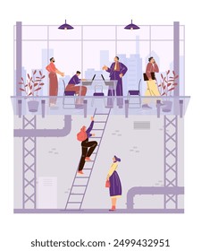 Vector illustration of women climbing a ladder to reach a glass ceiling while men work in an office above, symbolizes the struggle and barriers women face in career advancement and gender equality