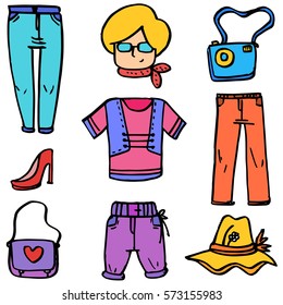 Vector illustration of women clothes style doodles collection