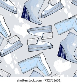 Vector illustration of Women color seamless Hand drawn pattern with winter shoes. Fashion elegance footwear for female. Comfort for legs.