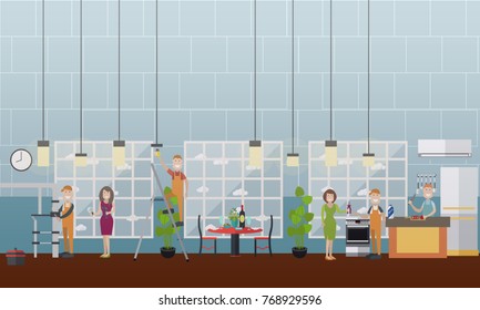 Vector illustration of women coming across home electrical, plumbing and gas appliance problems and professional workers fixing them. Flat style design.