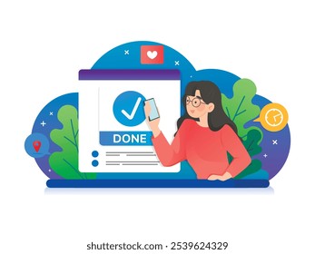 Vector illustration women confirming order completion in app