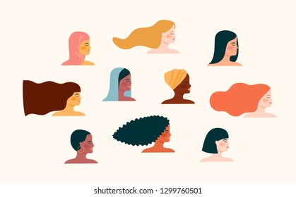 Vector illustration with with women different nationalities and cultures. Struggle for freedom, independence, equality.