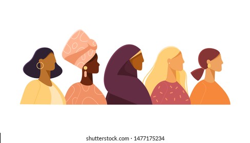 Vector illustration with women of different nationalities. Struggle for freedom, independence, equality. Ethnic beauty. Different women: African, Asian, European, Muslim. Flat design, white isolated 