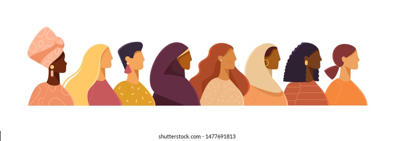 Vector illustration with women of different nationalities. Struggle for freedom, independence, equality. Ethnic beauty. Different women: African, Asian, European, Muslim. Flat design, white isolated 