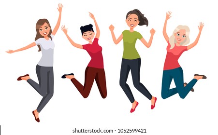 Vector illustration of women in different poses. Cartoon realistic people.Flat young woman.Front view.Happy group of people jumping on a white background. Women in casual clothes. Healthy lifestyle.