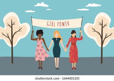 Vector illustration with women of different races. In the hands of the girls, a banner with the inscription - Girl power. Suitable for a banner on international women's day.