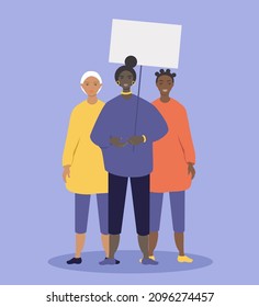 vector illustration - women of different races at the protest hold posters. Demonstration, fight for women's rights, political activism . trend illustration in flat style