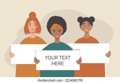 Vector Illustration - Women Of Different Races At The Protest Hold Posters. Demonstration, Fight For Women's Rights, Political Activism . Trend Illustration In Flat Style