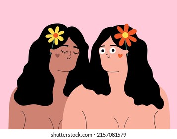 Vector illustration with women different skin colors and flowers.Cute apparel print design, friendship greeting card, sticker template 