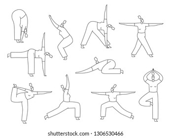 Vector illustration of women doing yoga. Outline yoga poses. Line art illustration. Body positive.