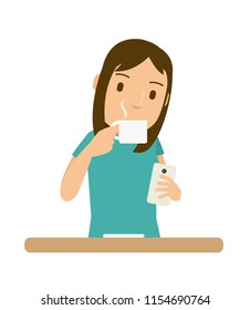 Vector illustration of women drink coffee and she look at the smartphone in the morning