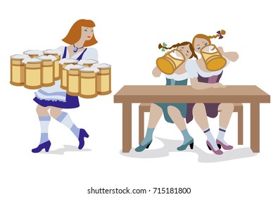 Vector illustration of women drinking beer and woman holding a lot of beer mugs. They wearing in traditional Octoberfest costume isolated on white background.
