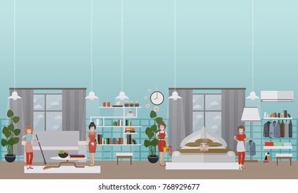 Vector illustration of women engaged in house cleaning or household chores. Cleaning company services concept. Flat style design.