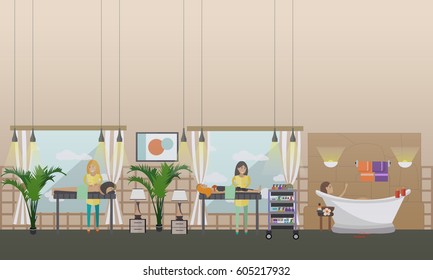 Vector illustration of women enjoying spa body treatment, taking baths. Relaxation massages and warming body wraps, spa services concept design element in flat style.
