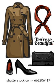 Vector illustration of women fashion clothes look set. Trench coat, clutch bag, black patent leather pointed pumps, red silk scarf. Ink hand drawn style, colored.