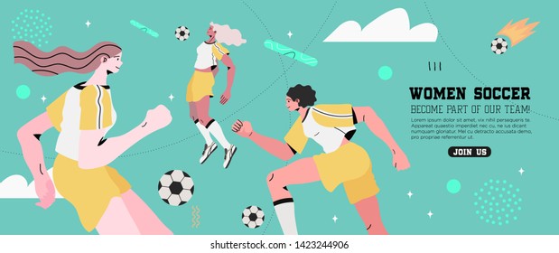 Vector illustration of women or girls in a professional uniform playing soccer or football. Creative banner, poster or landing page for woman soccer team, game or club.