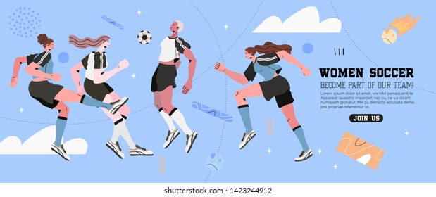 Vector illustration of women or girls in a professional uniform playing soccer or football. Creative banner, poster or landing page for woman soccer team, game or club.