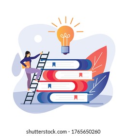 vector illustration of women go up stairs to get success in education, college, with neon books for education app. Modern concepts for website and mobile website development.